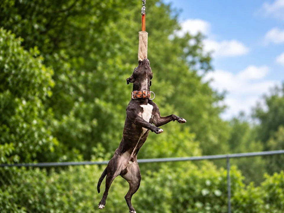 Hangtime dog hanging from the bite tug
